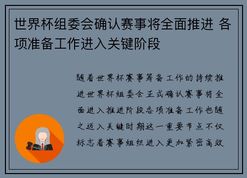 世界杯组委会确认赛事将全面推进 各项准备工作进入关键阶段